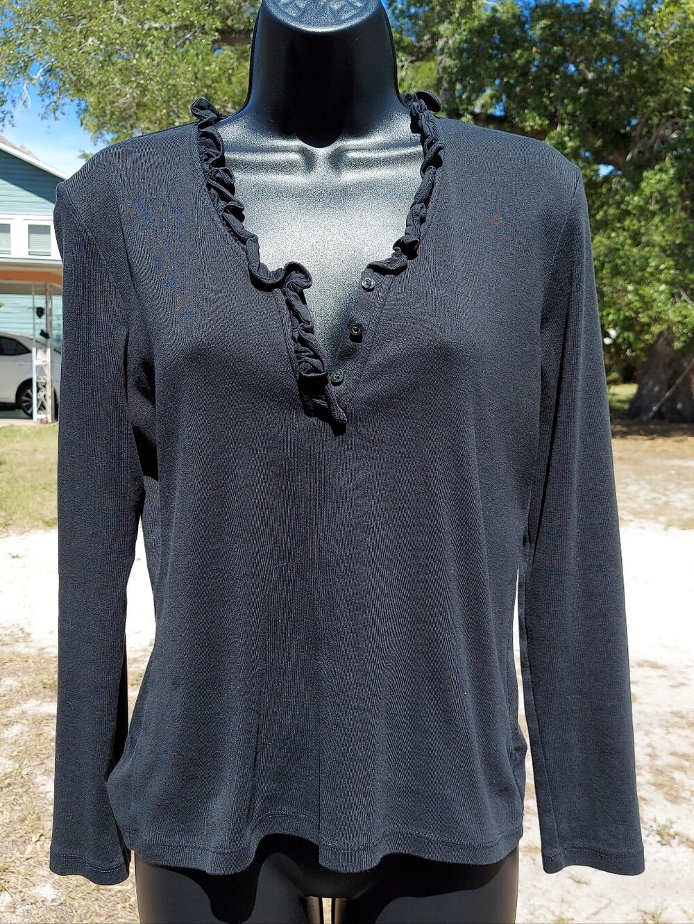 Lauren Ralph Lauren Black Ruffle-Trim Long Sleeve Top 100%cotton Size M